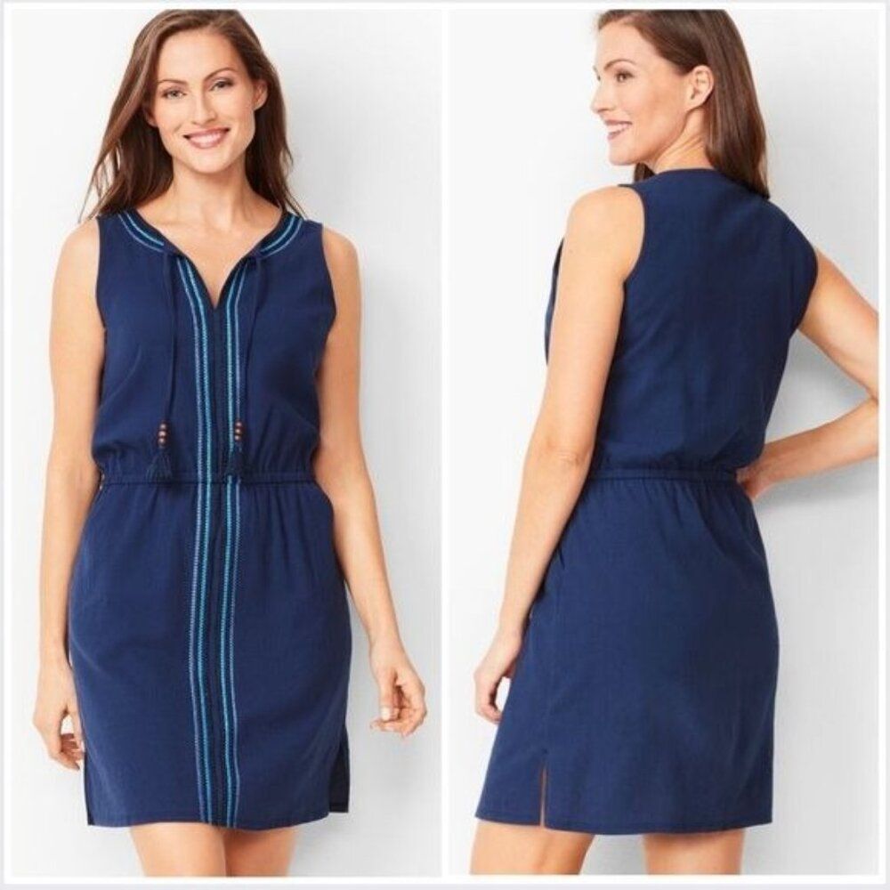 TALBOTS EMBROIDERED SPLIT NECK COVER-UP IN BLUE SIZE M